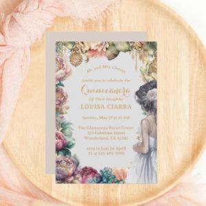 Glamorous Gold Sparkle Pastel Flowers Quinceanera