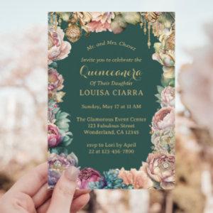Glamorous Green Gold Sparkle Flowers Quinceanera