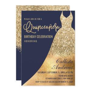 Glamorous Navy Gold Glitter Dress Quinceañera