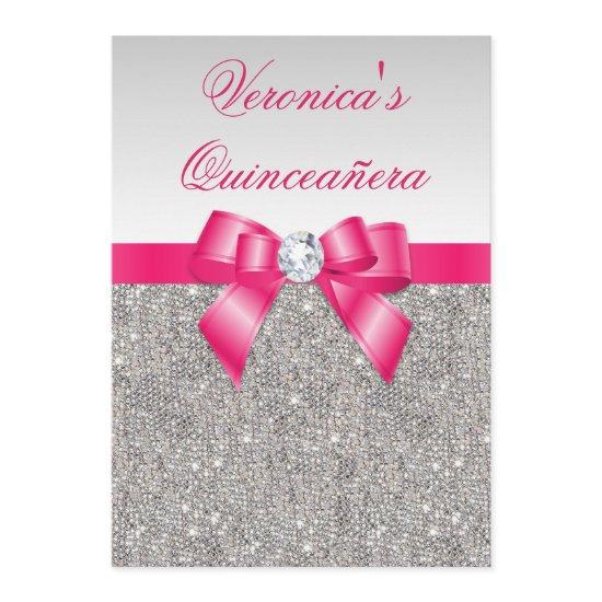 Glamorous Quinceañera Silver Sequins Hot Pink Bow