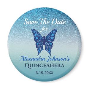 Glitter Blue Butterfly Quinceanera Save The Date Magnet