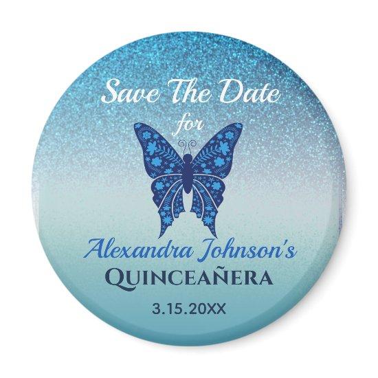 Glitter Blue Butterfly Quinceanera Save The Date Magnet