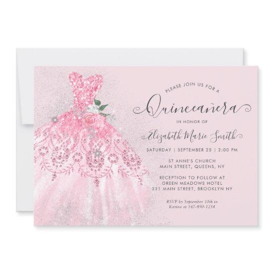 Glitter Blush Pink Floral Silver Dress Quinceanera
