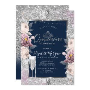 Glitter,Boho Flowers,Glass Pearls Blue Quinceanera