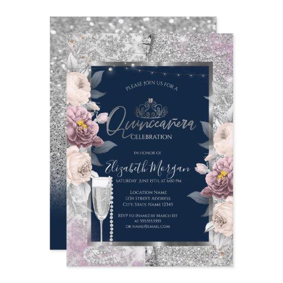 Glitter,Boho Flowers,Glass Pearls Blue Quinceanera