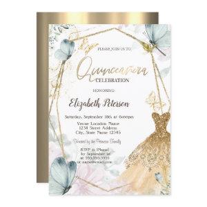 Glitter Dress Blue Butterflies Gold Frame