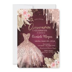 Glitter Drips Dress Flowers Burgundy Quinceañera