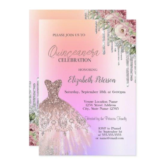 Glitter Drips,Dress Flowers Ombre Quinceanera