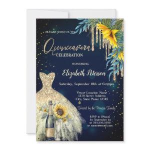 Glitter Drips,Dress,Sunflowers Blue Quinceanera