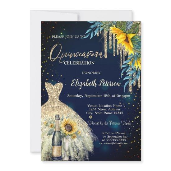 Glitter Drips,Dress,Sunflowers Blue Quinceanera