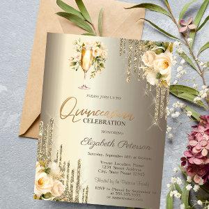 Glitter Drips Floral Champagne Glass Quinceañera