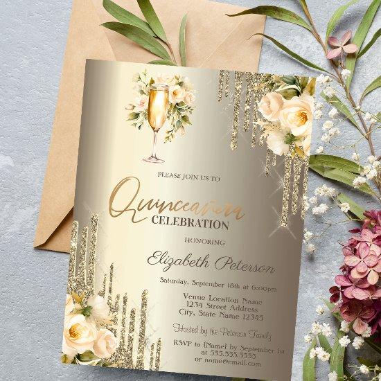 Glitter Drips Floral Champagne Glass Quinceañera