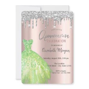 Glitter Drips,Green Dress Rose Gold Quinceañera