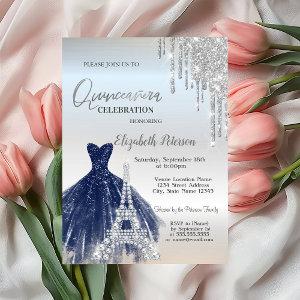 Glitter Drips,Navy Blue Dress,Eiffel Quinceañera