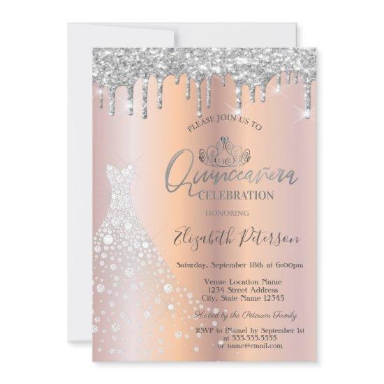 Glitter Drips Silver Diamond Dress Quinceañera