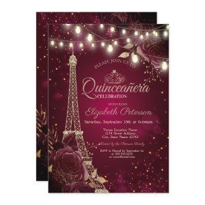 Glitter Eiffel Tower,Burgundy Roses Quinceañera