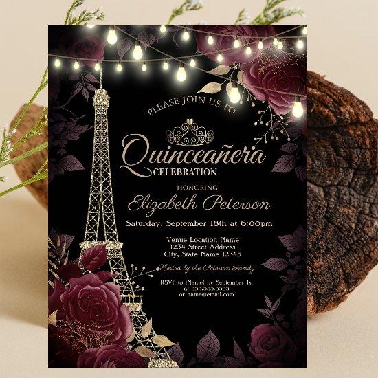 Glitter Eiffel Tower,Dark Roses Quinceañera