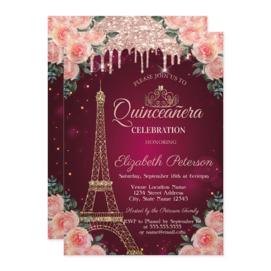 Glitter Eiffel Tower Drips Floral Quinceañera
