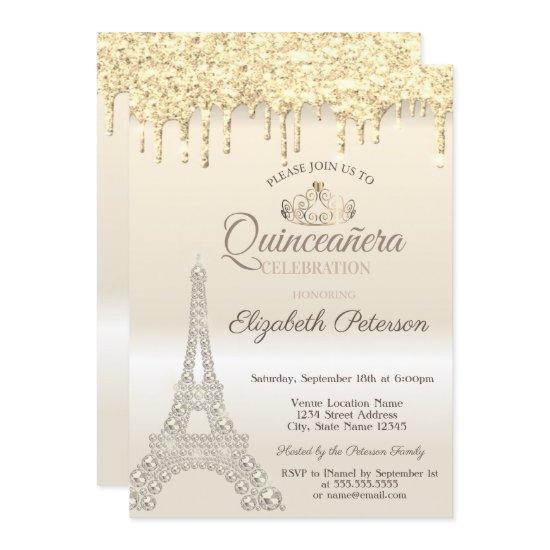 Glitter Eiffel Tower,Drips Gold Quinceañera