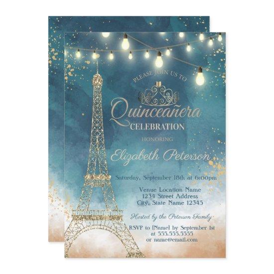 Glitter Eiffel Tower,Tiara Watercolor  Quinceañera