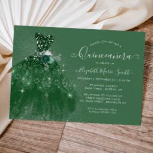 Glitter Emerald Green Silver Dress Quinceanera