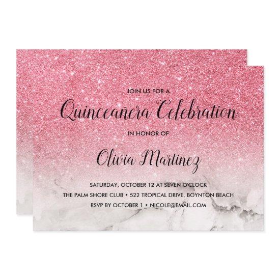 Glitter Pink Ombre white marble Quinceañera