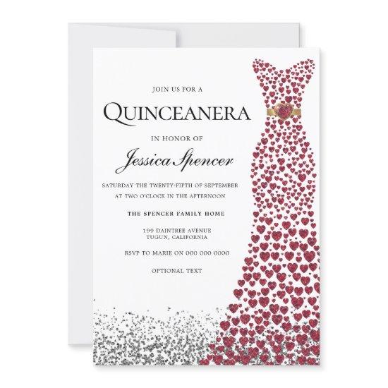 Glitter Red Love Heart Dress Quinceanera Invite