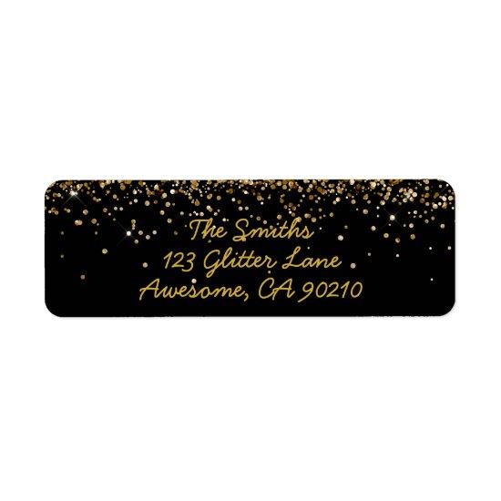 Glitter Script Black & Gold Wedding Return Address Label