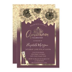 Glitter,Sunflowers,Tiara Burgundy Quinceanera
