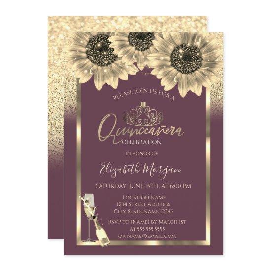 Glitter,Sunflowers,Tiara Burgundy Quinceanera