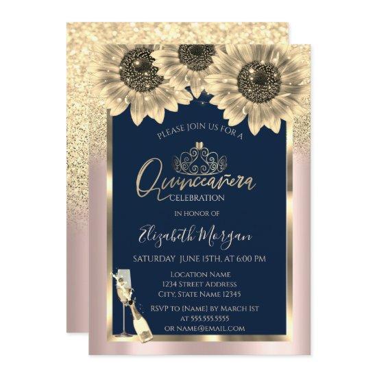 Glitter,Sunflowers, Tiara Rose Gold Quinceanera