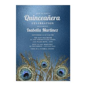 Glittery Blue Gold Peacock Feathers Quinceañera