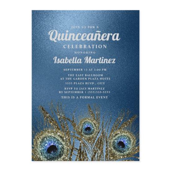 Glittery Blue Gold Peacock Feathers Quinceañera