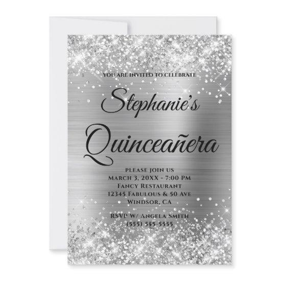 Glittery Silver Foil Fancy Monogram Quinceañera