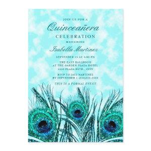 Glittery Teal Blue Peacock Feathers Quinceañera