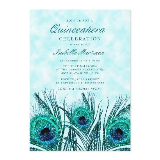 Glittery Teal Blue Peacock Feathers Quinceañera