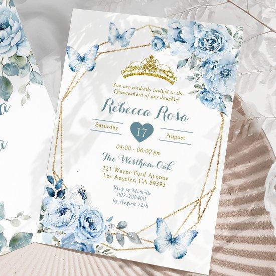 Gold and Dusty Blue Floral Crown Quinceañera