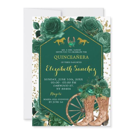 Gold and Emerald Green Western Charra Quinceañera