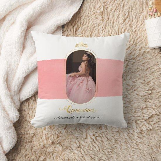 Gold and Rose Pink Photo Quinceanera Kneeling Throw Pillow