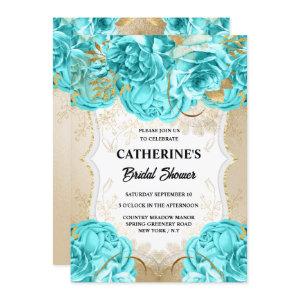 Gold aqua blue rose watercolor bridal shower chic