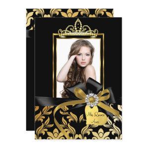 Gold Black Damask Bow Photo Quinceanera Invite