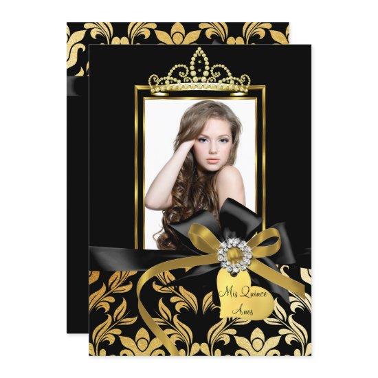 Gold Black Damask Bow Photo Quinceanera Invite