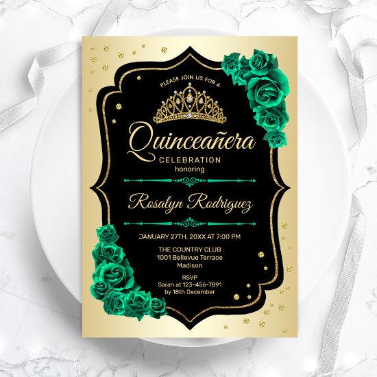 Gold Black Emerald Green Elegant Quinceanera