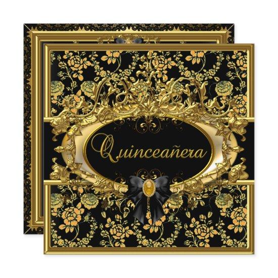 Gold & Black Floral Damask Quinceanera Invite