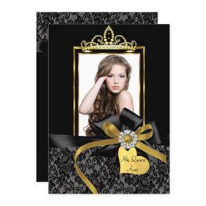Gold Black Lace & Bow Photo Quinceanera Invite