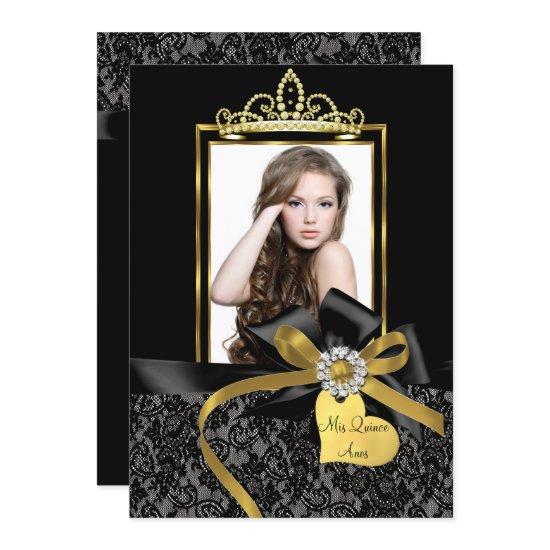 Gold Black Lace & Bow Photo Quinceanera Invite