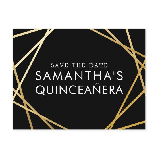 Gold Black Modern Quinceañera Save the Date Announcement Postcard