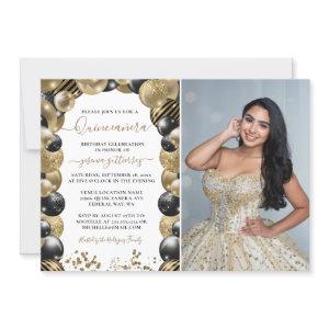 Gold Black Sparkle Quinceanera Balloon Photo Invit