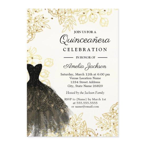 Gold Black Vintage Floral Dress Quinceanera
