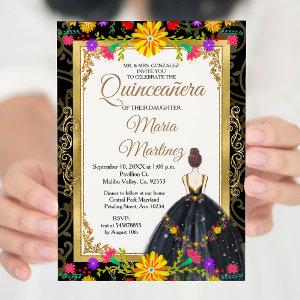 Gold Black with Mexican flowers Quinceañera